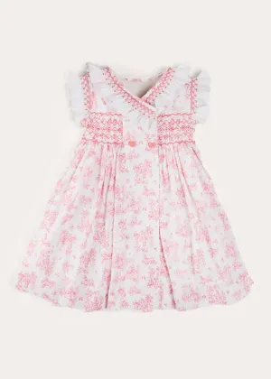 Audrey Toile Hand Smocked Double Breasted Sleeveless Dress in Pink (12mths-10yrs)