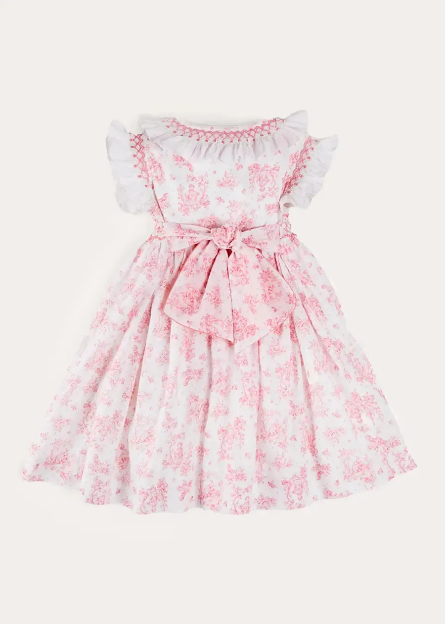 Audrey Toile Hand Smocked Double Breasted Sleeveless Dress in Pink (12mths-10yrs)