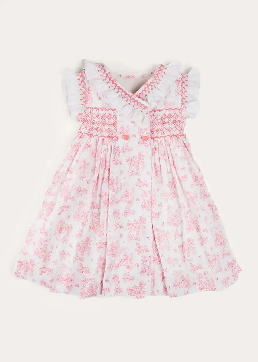 Audrey Toile Hand Smocked Double Breasted Sleeveless Dress in Pink (12mths-10yrs)