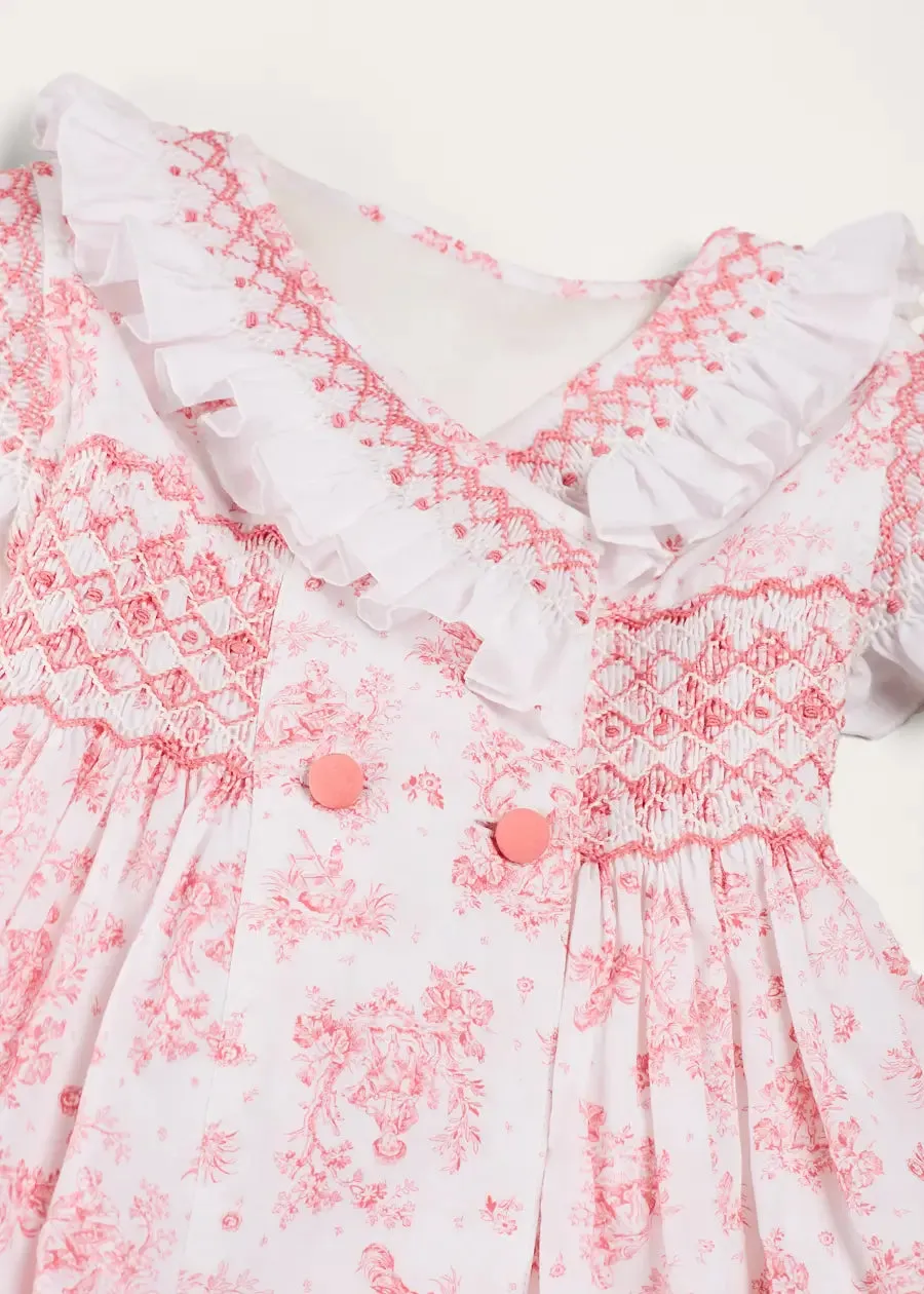 Audrey Toile Hand Smocked Double Breasted Sleeveless Dress in Pink (12mths-10yrs)