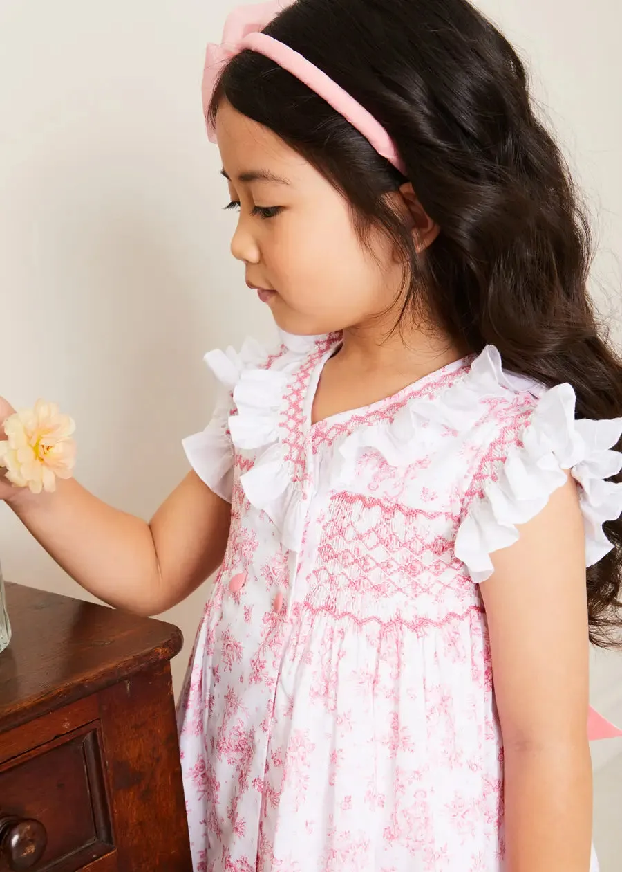 Audrey Toile Hand Smocked Double Breasted Sleeveless Dress in Pink (12mths-10yrs)