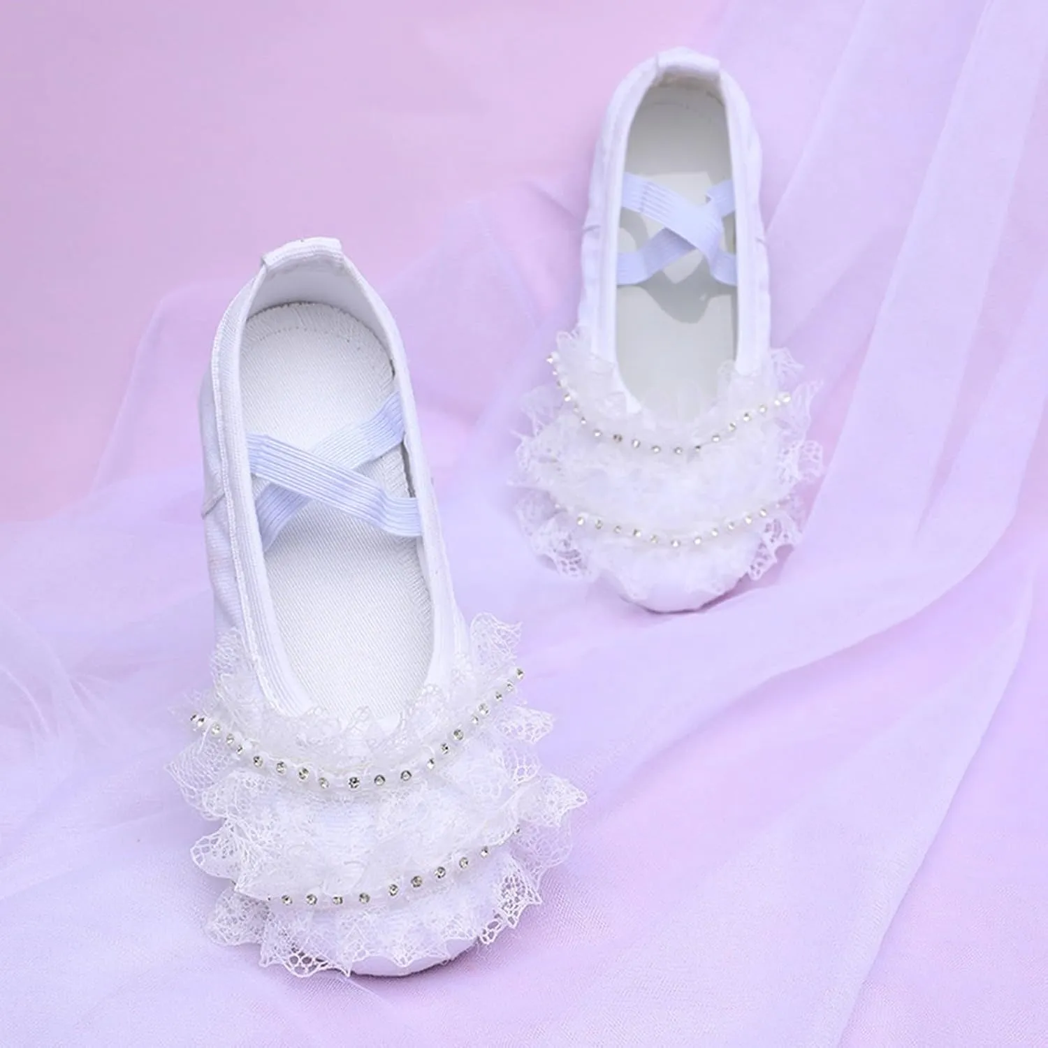Ballet Shoes for Girls Elegant Rhinestone Ruffle Lace Dance Slippers Toddler Kids Canvas Performance Shoes with Strap