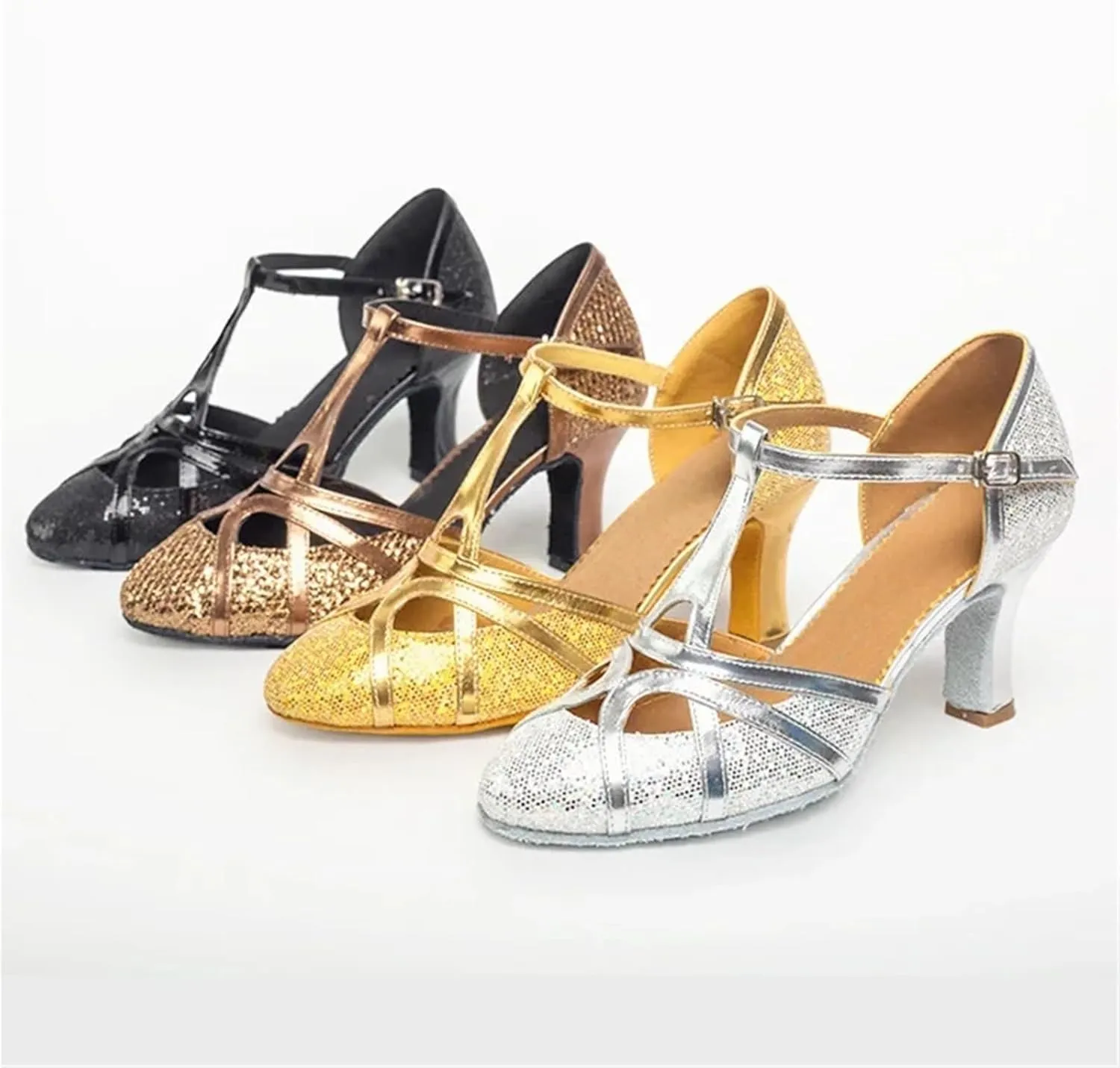 Ballroom Dance Shoes Women Glitter Modern Dance Shoes Salsa Ballroom Tango Latin Shoes for Dance Performance(Gold 7cm,41(25.5cm))