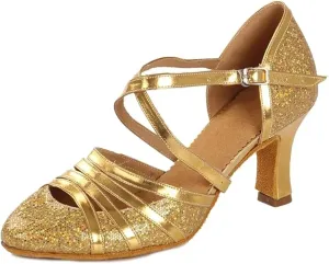 Ballroom Dance Shoes Women Glitter Modern Dance Shoes Salsa Ballroom Tango Latin Shoes for Dance Performance(Gold 7cm,41(25.5cm))