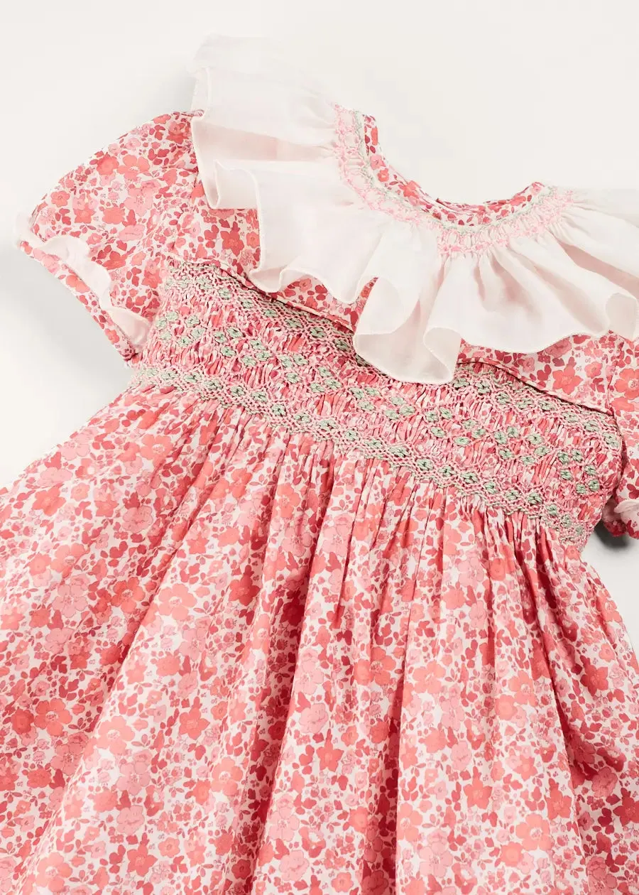 Emilia Floral Hand Smocked Ruffle Collar Short Sleeve Dress in Pink (12mths-10yrs)