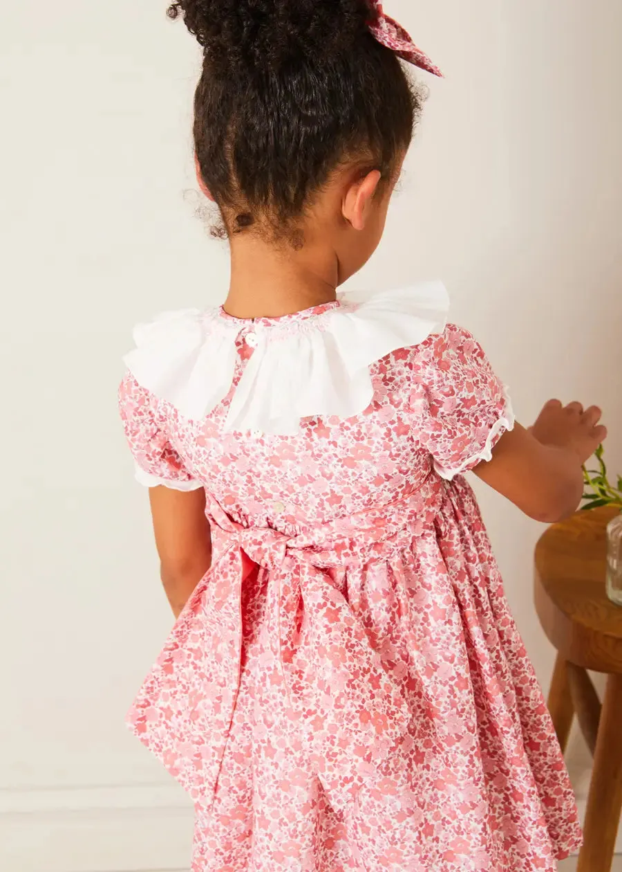 Emilia Floral Hand Smocked Ruffle Collar Short Sleeve Dress in Pink (12mths-10yrs)