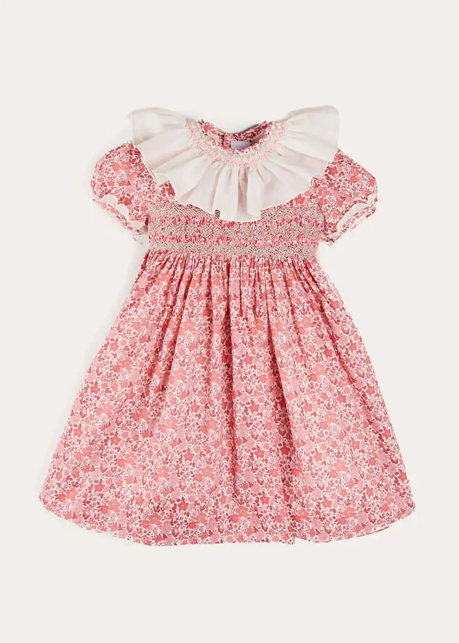 Emilia Floral Hand Smocked Ruffle Collar Short Sleeve Dress in Pink (12mths-10yrs)