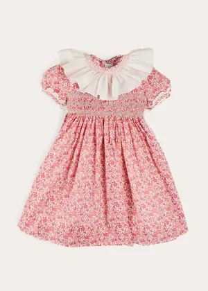 Emilia Floral Hand Smocked Ruffle Collar Short Sleeve Dress in Pink (12mths-10yrs)
