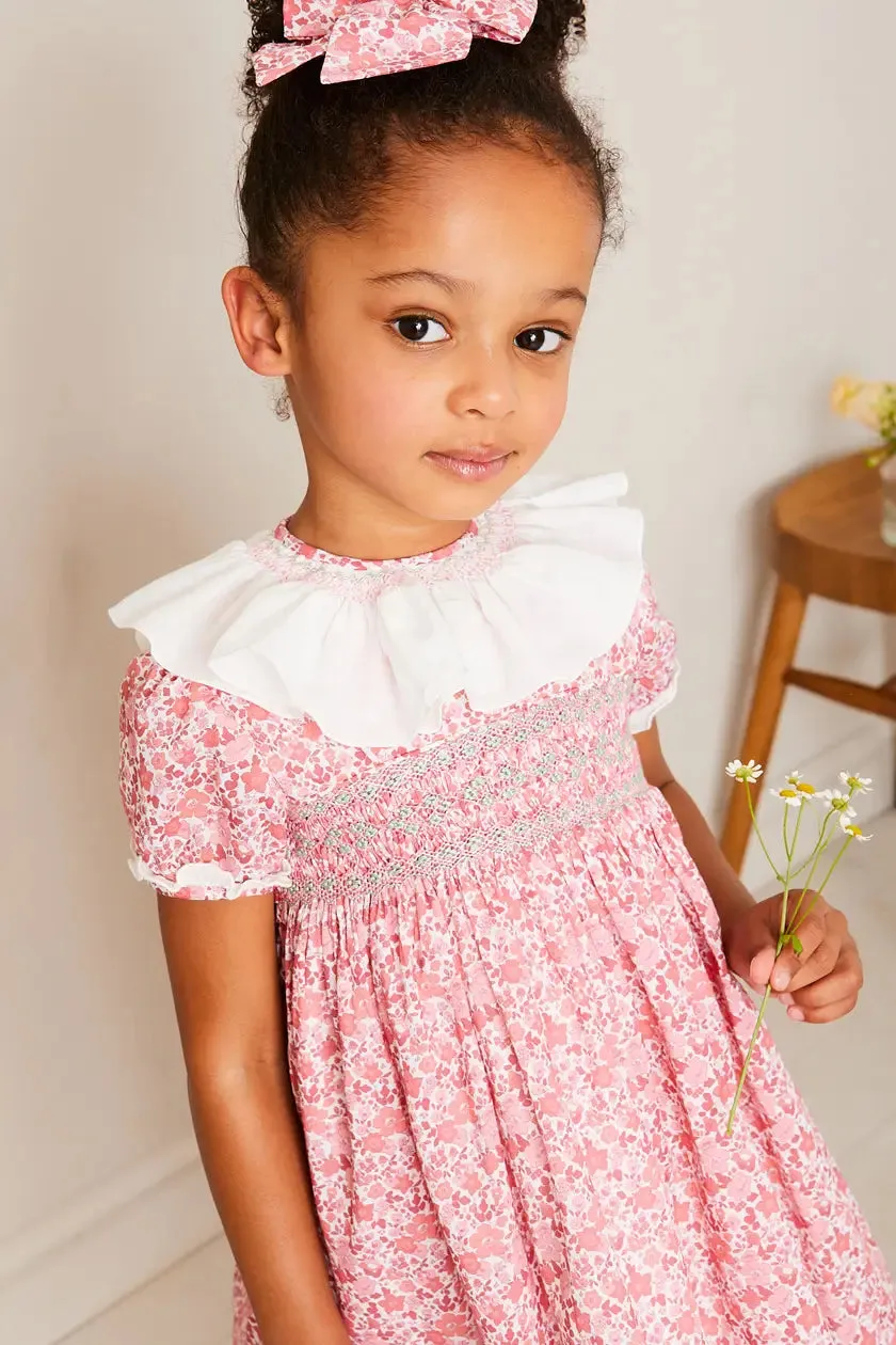 Emilia Floral Hand Smocked Ruffle Collar Short Sleeve Dress in Pink (12mths-10yrs)