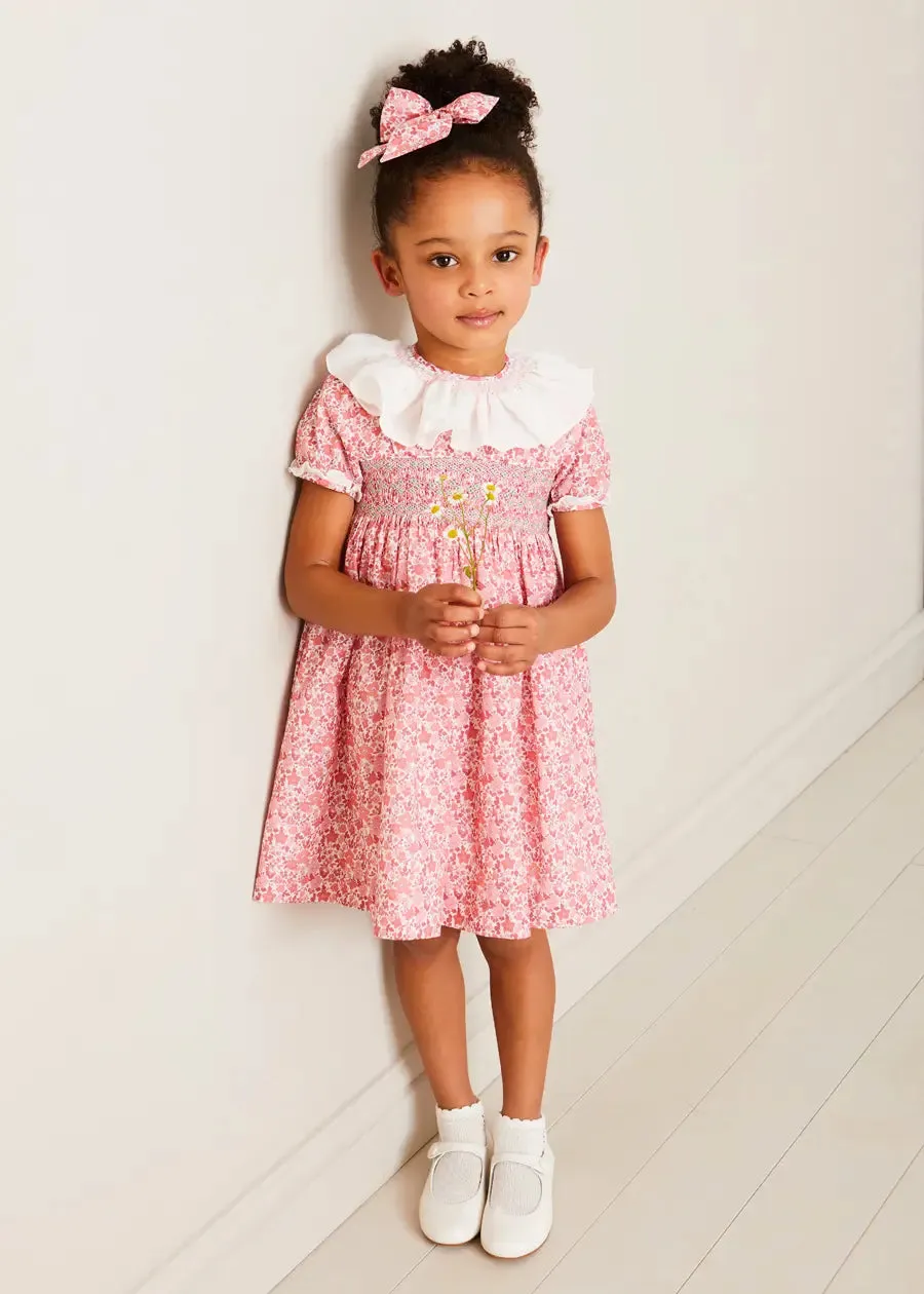 Emilia Floral Hand Smocked Ruffle Collar Short Sleeve Dress in Pink (12mths-10yrs)