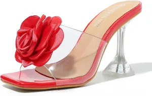MAIERNISI JESSI Women Flowers High Heels Mules Sandals Square Toe Slip on Dress Bridal Wedding Sandals