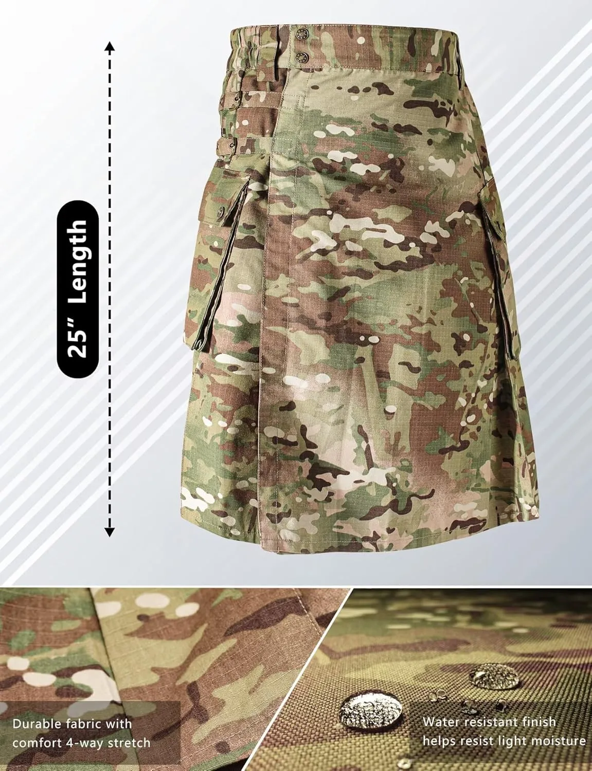 Men's Camo Scottish Outdoor Utility Kilt - 23" Length Pleated Tactical Irish Hybrid Kilt With Pockets