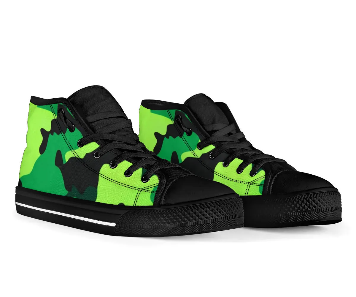Neon Green Camo High Top Sneakers Custom Shoes with Black Soles