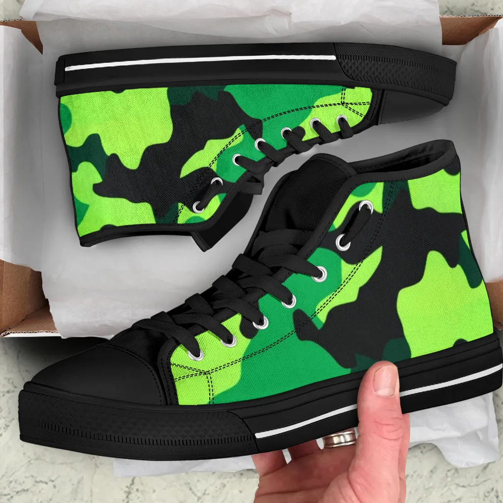 Neon Green Camo High Top Sneakers Custom Shoes with Black Soles
