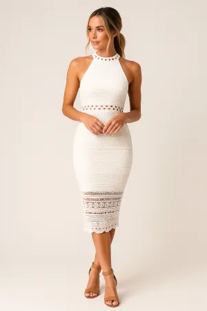 Womens Lace Midi Dress  Slim Fit  Halter Neck  Sheer Crochet Detail  Formal Wear