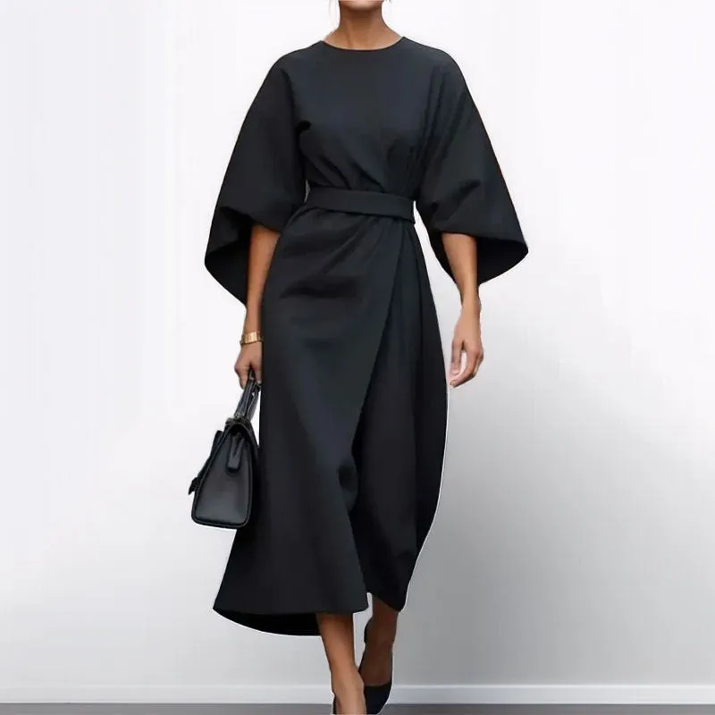 Womens Long Dress  Satin Finish  Batwing Sleeve  Fitted Waist  Formal Wear