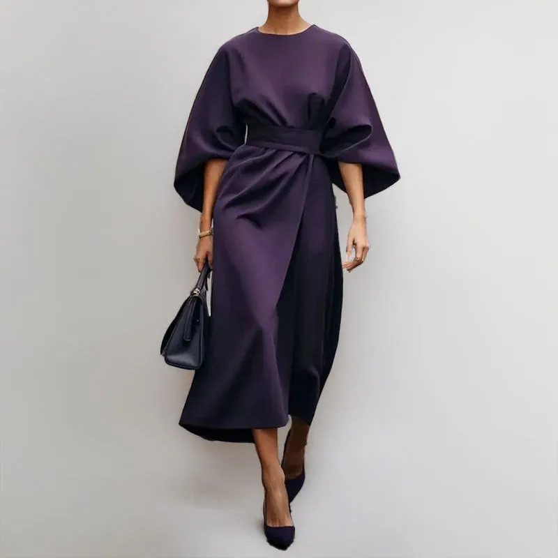 Womens Long Dress  Satin Finish  Batwing Sleeve  Fitted Waist  Formal Wear