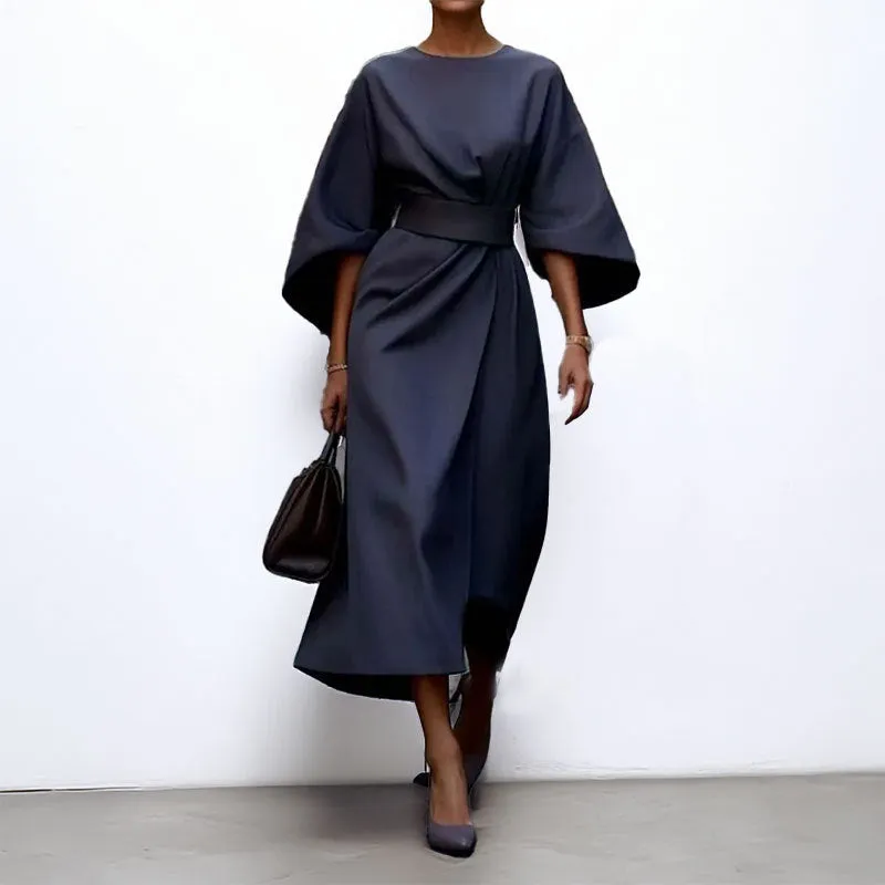 Womens Long Dress  Satin Finish  Batwing Sleeve  Fitted Waist  Formal Wear