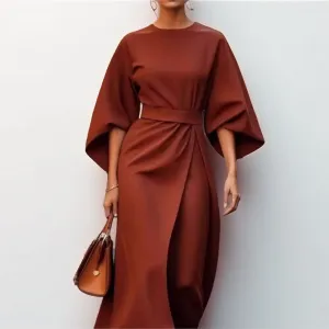 Womens Long Dress  Satin Finish  Batwing Sleeve  Fitted Waist  Formal Wear