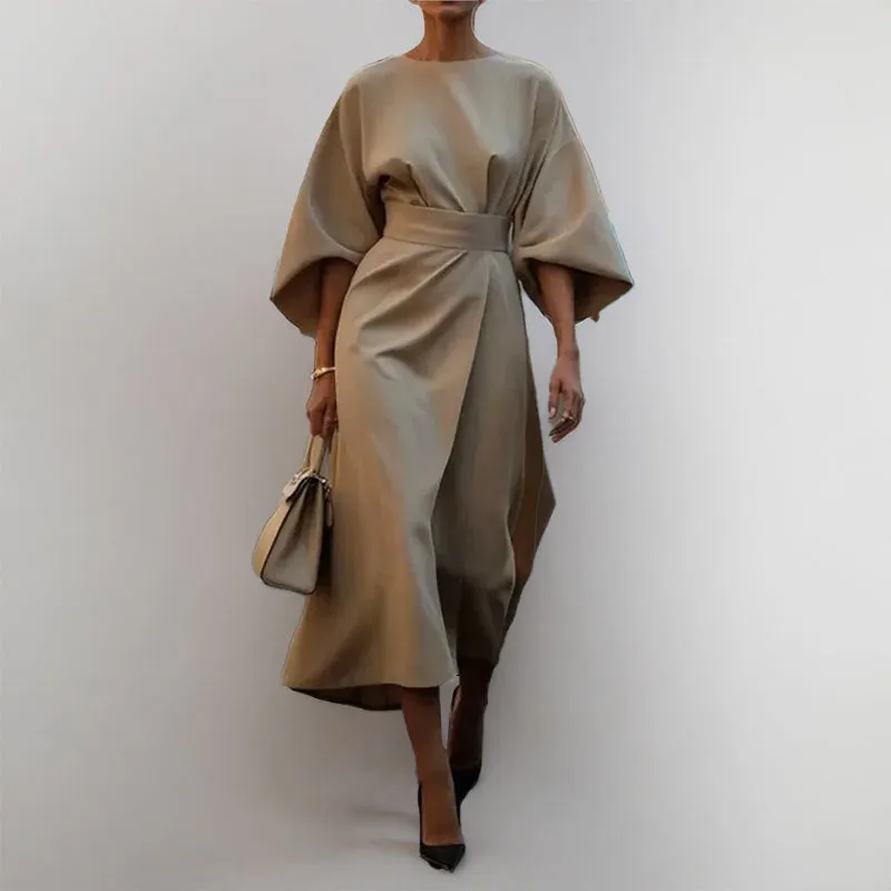 Womens Long Dress  Satin Finish  Batwing Sleeve  Fitted Waist  Formal Wear