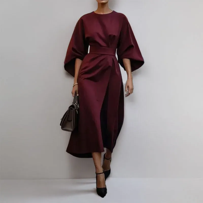 Womens Long Dress  Satin Finish  Batwing Sleeve  Fitted Waist  Formal Wear