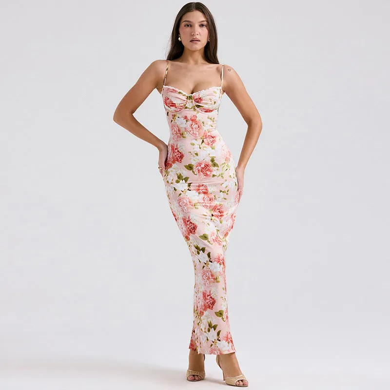 Womens Long Dress  Slim Fit Satin  Spaghetti Straps  Floral Print  Formal Wear